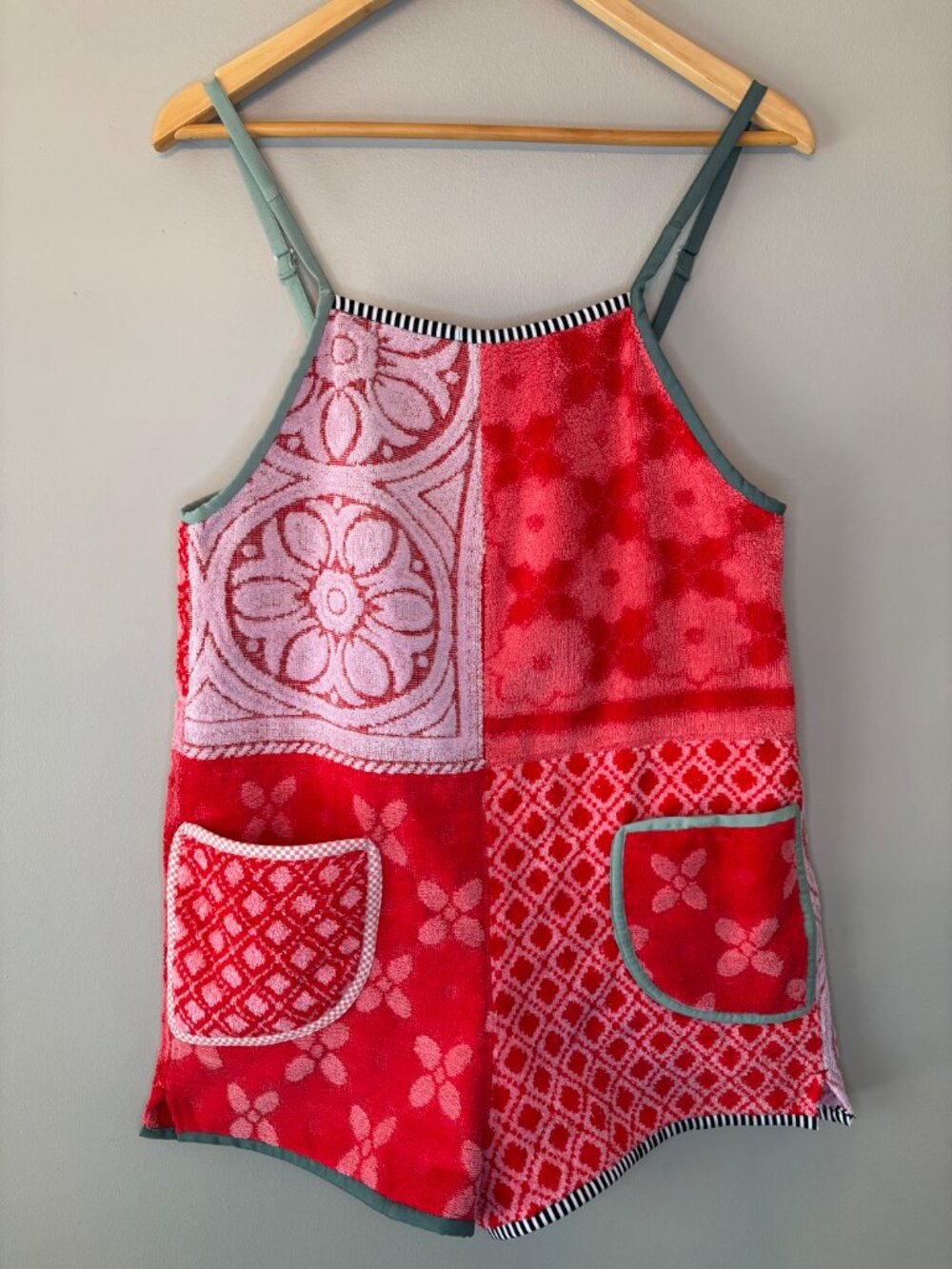 Swim Cover Romper Small 100% Cotton Towel Terry Adjustable Strap Pink Green